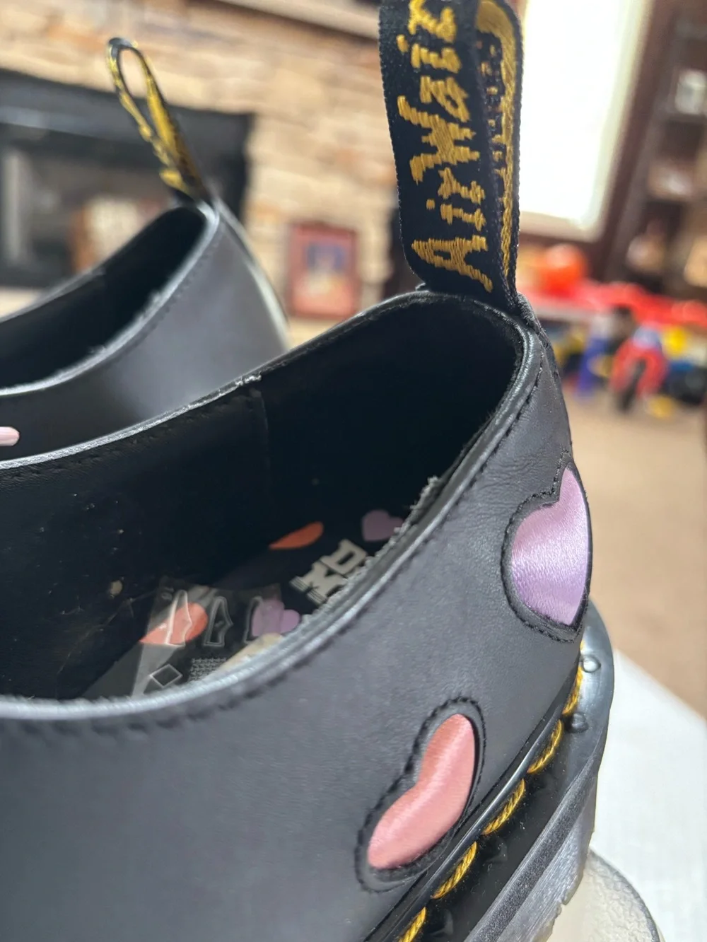 Dr. Martens Black Platform Shoes with Pink and Lilac Heart Accents